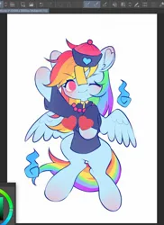 Size: 1360x1868 | Tagged: safe, artist:leafywind, derpibooru import, rainbow dash, pegasus, pony, undead, clothes, costume, female, halloween, halloween costume, hat, holiday, image, jewelry, jiangshi, jpeg, mare, necklace, one eye closed, solo, wink