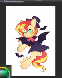 Size: 1404x1755 | Tagged: safe, artist:leafywind, derpibooru import, sunset shimmer, bat, pony, unicorn, bat wings, cape, clothes, costume, fangs, female, halloween, halloween costume, hat, holiday, horn, image, jpeg, mare, solo, top hat, vampire costume, wings