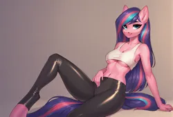 Size: 1512x1024 | Tagged: suggestive, ai content, derpibooru import, machine learning generated, prompter:orina, stable diffusion, oc, oc:serenity pond, unofficial characters only, anthro, earth pony, belly button, breasts, clothes, female, generator:pony diffusion v6 xl, image, latex pants, leaning back, leggings, looking at you, png, sitting, solo, solo female, tanktop, tight clothing, underboob