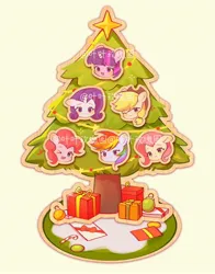 Size: 1604x2048 | Tagged: safe, artist:leafywind, derpibooru import, applejack, fluttershy, pinkie pie, rainbow dash, rarity, twilight sparkle, alicorn, earth pony, pegasus, pony, unicorn, candy, candy cane, christmas, christmas tree, female, food, holiday, horn, image, jpeg, mane six, mare, one eye closed, present, simple background, tree, watermark, wink