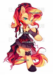 Size: 1462x2048 | Tagged: safe, artist:leafywind, derpibooru import, sunset shimmer, pony, semi-anthro, unicorn, arm warmers, beret, bracelet, choker, clothes, dress, female, hat, horn, image, jpeg, mare, obtrusive watermark, simple background, solo, spiked wristband, watermark, white background, wristband