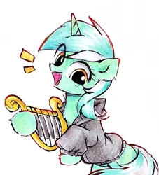 Size: 1885x2072 | Tagged: safe, artist:liaaqila, derpibooru import, lyra heartstrings, pony, unicorn, fanfic:background pony, chest fluff, clothes, dig the swell hoodie, female, g4, hoodie, horn, image, jpeg, lyre, mare, musical instrument, simple background, solo, traditional art, white background
