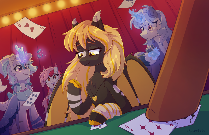 Size: 2863x1847 | Tagged: safe, artist:skysorbett, derpibooru import, oc, unofficial characters only, alicorn, bat pony, kirin, pony, alicorn oc, card, casino, clothes, curtains, dress, female, fish tail, glow, glowing horn, hoof hold, horn, image, jewelry, kirin oc, lights, magic, magic aura, mare, playing card, png, pocket watch, poker chips, poker table, shark tail, smiling, surprised, tail, telekinesis, two toned coat, wings