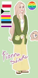 Size: 540x1096 | Tagged: safe, artist:sprong-lhama, derpibooru import, fluttershy, human, asexual, asexual pride flag, belly button, cardigan, clothes, cute, feet, female, green background, hair over one eye, humanized, image, jpeg, midriff, pansexual, pansexual pride flag, polish, pride, pride flag, sandals, short shirt, shyabetes, simple background, skirt, solo