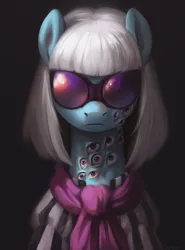 Size: 2196x2970 | Tagged: semi-grimdark, artist:jewellier, derpibooru import, photo finish, earth pony, pony, bust, clothes, eyes do not belong there, female, g4, glasses, image, looking at you, mare, png, portrait, simple background, solo, trypophobia