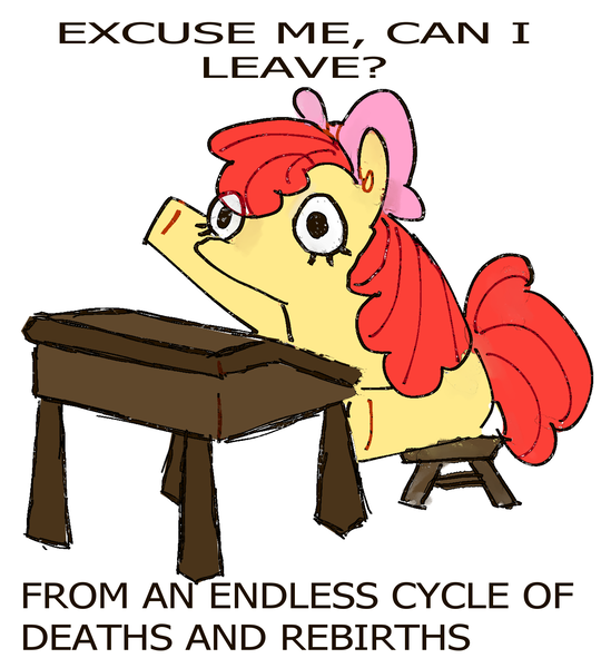 Size: 1800x2000 | Tagged: safe, artist:liustranapolu, derpibooru import, apple bloom, earth pony, pony, chair, desk, female, filly, foal, image, meme, png, raised hoof, school desk, simple background, sitting, solo, text, white background