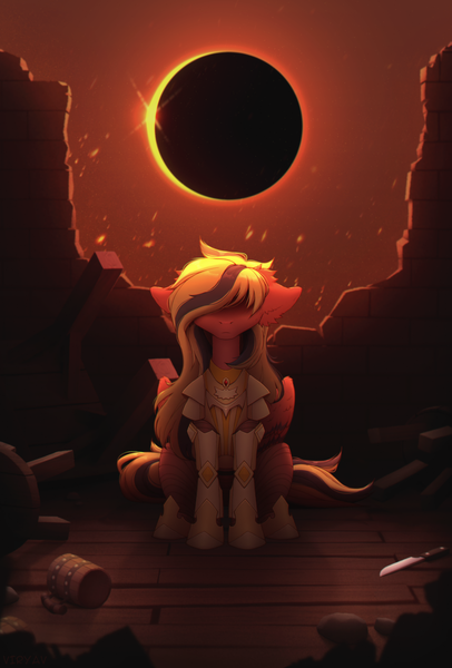 Size: 3962x5862 | Tagged: safe, artist:viryav, derpibooru import, oc, unofficial characters only, pegasus, pony, armor, armored pony, background, chair, chaos, complex background, dark background, destroyed wall, eclipse, female, fire, image, knife, mare, messy, png, red sky, solo, stone, table, wooden floor