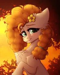 Size: 2213x2756 | Tagged: safe, artist:viryav, derpibooru import, pear butter, earth pony, pony, blushing, chest fluff, curly hair, curly mane, cute, female, flower, flower in hair, g4, image, looking at you, mare, png, simple background, sitting, smiling, solo