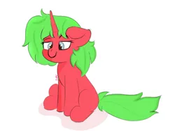 Size: 2000x1500 | Tagged: safe, artist:bazza, derpibooru import, oc, oc:dinky, unofficial characters only, pony, unicorn, blank flank, blue eyes, commission, floppy ears, g4, green hair, green mane, horn, image, paint tool sai, png, red coat, red fur, simple background, sitting, smiling, unicorn oc, white background, ych result