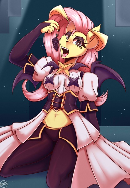 Size: 3800x5500 | Tagged: safe, artist:shadowreindeer, derpibooru import, fluttershy, anthro, bat pony, bat ponified, clothes, costume, flutterbat, fruit, image, jpeg, race swap, solo