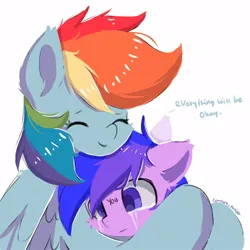 Size: 1000x1000 | Tagged: safe, artist:comfort_ponies, derpibooru import, rainbow dash, oc, pegasus, pony, crying, cute, duo, duo female, eyes closed, eyes open, female, g4, hug, image, jpeg, mare, positive ponies, simple background, smiling, text