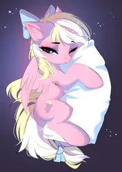 Size: 2871x4044 | Tagged: safe, artist:empress-twilight, derpibooru import, oc, oc:bay breeze, unofficial characters only, pegasus, pony, bow, commission, cute, ear fluff, eyebrows, eyebrows visible through hair, female, hair bow, hug, image, lidded eyes, mare, ocbetes, one eye closed, partially open wings, pegasus oc, pillow, pillow hug, png, sleepy, tail, tail bow, wings, ych result