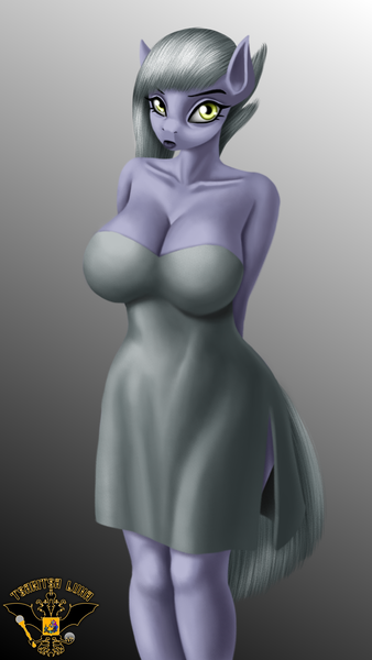 Size: 4320x7680 | Tagged: suggestive, artist:tsaritsaluna, derpibooru import, limestone pie, anthro, earth pony, pony, big breasts, breasts, busty limestone pie, cleavage, clothes, dress, female, gradient background, image, looking at you, mare, png, solo