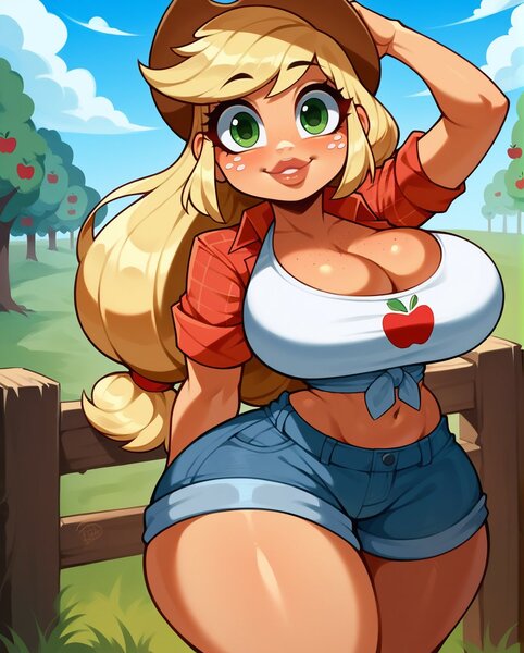 Size: 1080x1344 | Tagged: suggestive, ai content, derpibooru import, machine learning generated, prompter:rocksolidart, applejack, human, apple, apple tree, belly button, big breasts, breasts, busty applejack, cleavage, clothes, cloud, curvy, female, fence, food, front knot midriff, hourglass figure, humanized, image, jpeg, looking at you, midriff, outdoors, pony coloring, shorts, shortstack, smiling, solo, solo female, tree, wide hips