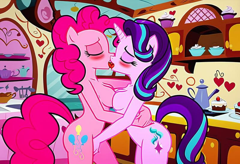 Size: 1216x832 | Tagged: questionable, ai content, machine learning generated, stable diffusion, pinkie pie, starlight glimmer, anthro, earth pony, unicorn, blushing, busty pinkie pie, busty starlight glimmer, cake, caress, ecstasy, embracing, eyes closed, fingering, french kiss, horny, image, in love, jpeg, kitchen, lesbian couple, moaning, moaning in pleasure, nudity, seductive pose, sex, sexy, standing, sugarcube corner, symmetrical docking