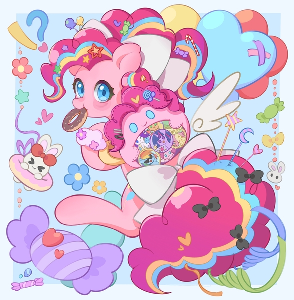 Size: 3515x3579 | Tagged: safe, artist:chonpsk, artist:chonpskss, derpibooru import, applejack, fluttershy, pinkie pie, rainbow dash, rarity, twilight sparkle, earth pony, pony, blushing, candy, donut, exclamation point, female, food, g4, high res, image, interrobang, jpeg, looking at you, mane six, mare, mouth hold, question mark, solo, tail