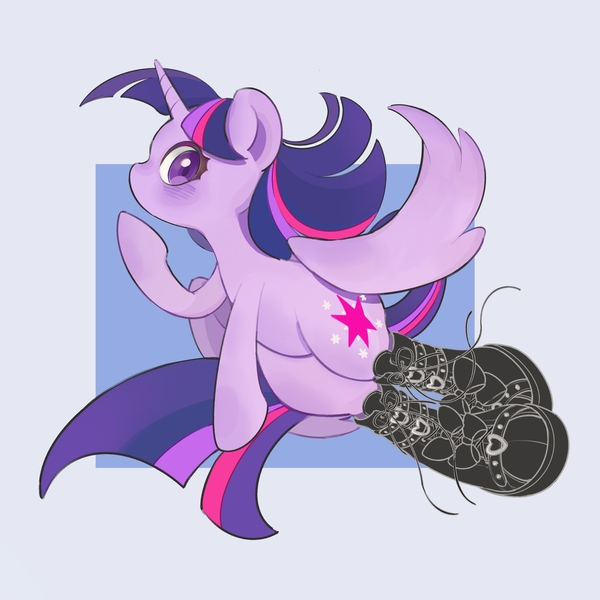 Size: 2599x2601 | Tagged: safe, artist:chonpsk, artist:chonpskss, derpibooru import, twilight sparkle, twilight sparkle (alicorn), alicorn, pony, blue background, blushing, boots, clothes, female, g4, high res, horn, image, jpeg, mare, partially open wings, passepartout, profile, shoes, simple background, solo, tail, wings