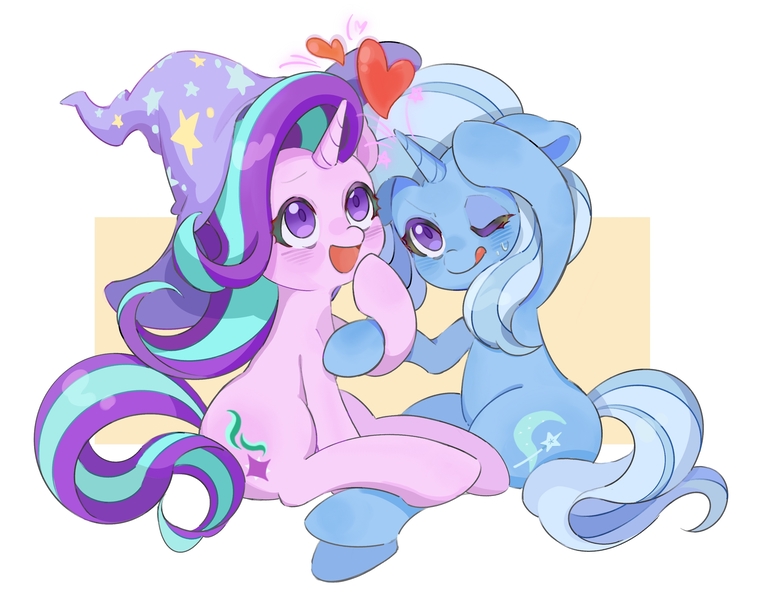 Size: 3542x2768 | Tagged: safe, artist:chonpsk, artist:chonpskss, derpibooru import, starlight glimmer, trixie, pony, unicorn, :p, accessory swap, clothes, duo, duo female, female, g4, hat, heart, high res, holding hooves, horn, image, jpeg, lesbian, looking at something, looking up, magic, mare, one eye closed, open mouth, open smile, passepartout, shipping, simple background, sitting, smiling, startrix, sweat, tail, tongue out, trixie's hat, white background, wizard hat