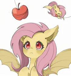 Size: 2252x2402 | Tagged: safe, artist:chonpsk, artist:chonpskss, derpibooru import, fluttershy, bat pony, pony, apple, bat ears, bat ponified, bat wings, eating, eyes closed, eyes on the prize, fangs, female, flutterbat, food, g4, herbivore, high res, image, jpeg, looking at something, lying down, mare, prone, race swap, simple background, slit pupils, solo, spread wings, white background, wings