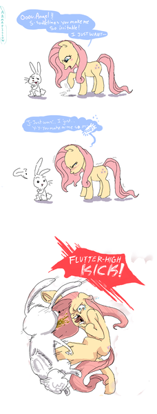 Size: 666x1752 | Tagged: semi-grimdark, artist:kyun-kun, derpibooru import, angel bunny, fluttershy, pegasus, pony, rabbit, abuse, animal, animal abuse, comic, crying, female, flutterrage, g4, image, kick, mare, png, vomit