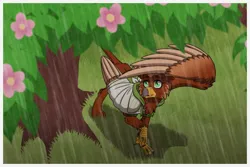 Size: 1772x1181 | Tagged: safe, artist:inuhoshi-to-darkpen, derpibooru import, oc, oc:pavlos, gryphon, bandage, beak, broken bone, broken wing, cast, cheek fluff, claws, clothes, colored wings, commission, eared griffon, flower, grass, griffon oc, image, injured, male, non-pony oc, one wing out, png, rain, sling, smiling, spring, tail, tree, wings