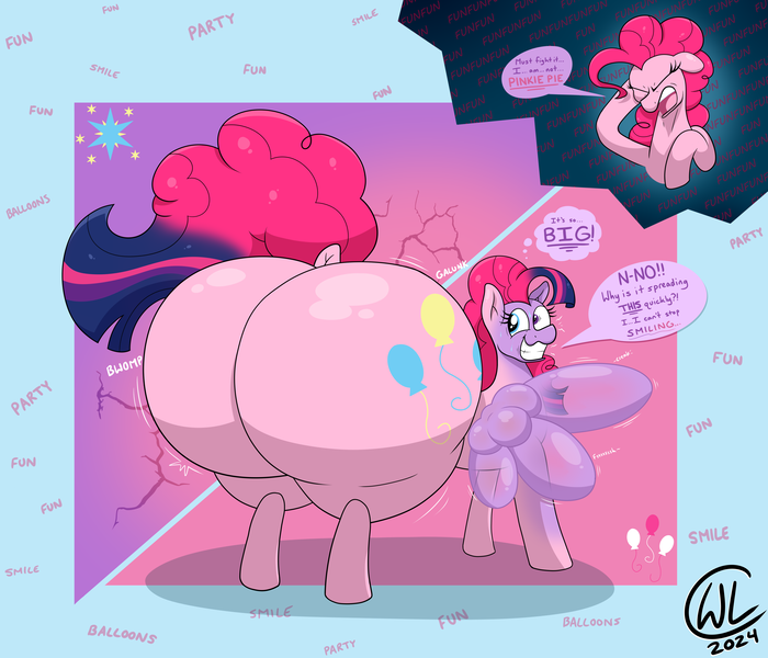 Size: 4664x4000 | Tagged: questionable, artist:lukewarmluke, derpibooru import, pinkie pie, twilight sparkle, pony, assimilation, butt, butt expansion, digital art, female, fun fun fun, g4, growth, huge butt, image, impossibly large butt, inflated wings, inflation, large butt, looking back, plot, png, rear view, simple background, smiling, solo, solo female, transformation, wings