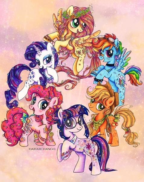 Size: 768x966 | Tagged: safe, artist:dariarchangel, derpibooru import, applejack, fluttershy, pinkie pie, rainbow dash, rarity, twilight sparkle, crystal pony, earth pony, pegasus, pony, unicorn, bandaid, bandaid on nose, bracelet, female, floral head wreath, flower, friendship bracelet, glasses, goggles, goggles on head, group, horn, image, jewelry, jpeg, mane six, mare, redesign, redraw, spread wings, unicorn twilight, wings