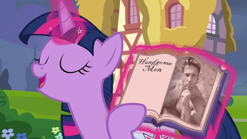 Size: 1920x1080 | Tagged: safe, derpibooru import, edit, edited screencap, screencap, pony, billy herrington, book, eyes closed, g4, gachimuchi, image, magic, open mouth, png, pointing, twil