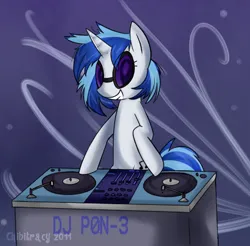 Size: 556x546 | Tagged: safe, artist:chibitracy, derpibooru import, vinyl scratch, unicorn, bipedal, g4, horn, image, png, turntable, watermark