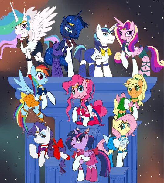 Size: 1151x1280 | Tagged: safe, artist:aniitadraw, derpibooru import, applejack, fluttershy, pinkie pie, princess cadance, princess celestia, princess luna, rainbow dash, rarity, shining armor, twilight sparkle, twilight sparkle (alicorn), alicorn, pony, clothes, commission, cosplay, costume, crossover, g4, image, jpeg, mane six, sailor chibi moon, sailor jupiter, sailor mars, sailor mercury, sailor moon, sailor moon (series), sailor neptune, sailor pluto, sailor ponies, sailor saturn, sailor senshi, sailor uniform, sailor uranus, sailor venus, space background, uniform