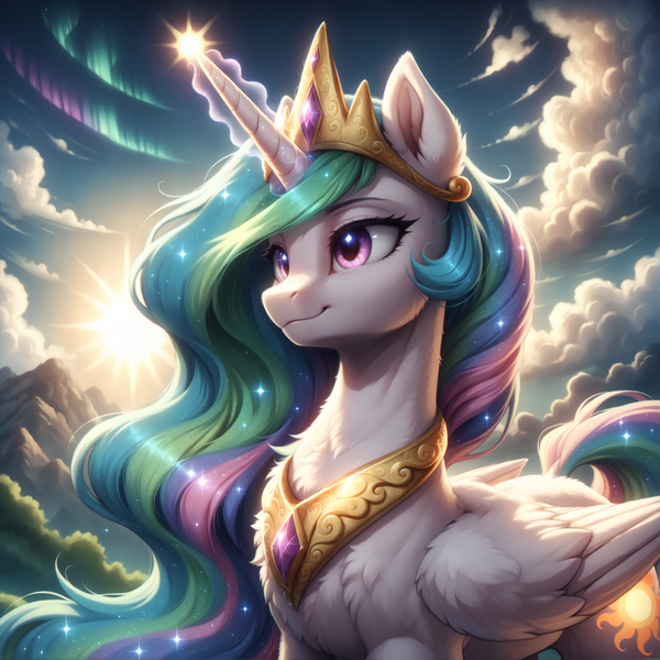 Size: 4096x4096 | Tagged: safe, ai content, derpibooru import, generator:bluefox mix, machine learning generated, prompter:adorablebluefox, stable diffusion, princess celestia, alicorn, pony, absurd resolution, aurora borealis, beautiful, blue sky, chest fluff, cloud, cloudy, detailed, detailed background, ear fluff, ears up, female, fluffy, g4, glow, glowing cutie mark, glowing horn, horn, image, jewelry, magic, mare, mountain, mountain range, outdoors, peytral, png, praise the sun, pretty, raising the sun, regalia, scenery, sky, smiling, solo, standing, sternocleidomastoid, sun, sunrise, tail, tiara, tree, wing fluff, wings