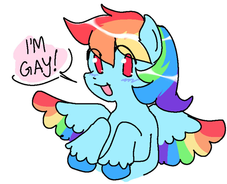 Size: 1346x1092 | Tagged: safe, artist:facecam, derpibooru import, rainbow dash, pegasus, pony, colored wings, g4, image, implied lesbian, jpeg, mouthpiece, multicolored wings, rainbow wings, simple background, solo, white background, wings