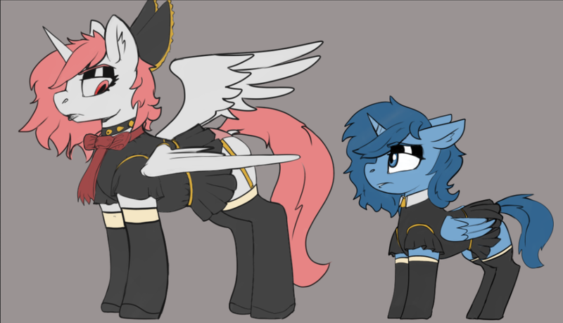 Size: 1960x1126 | Tagged: safe, artist:queen-razlad, derpibooru import, oc, oc:astrum, oc:krinita, alicorn, clothes, eyeshadow, goth, image, lipstick, looking at each other, looking at someone, makeup, png, skirt, socks, thigh highs