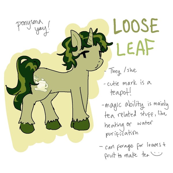 Size: 1378x1378 | Tagged: safe, artist:facecam, derpibooru import, oc, oc:loose leaf, unofficial characters only, pony, unicorn, colored hooves, g4, horn, image, jpeg, mixed pronouns, ponysona, pronouns, reference sheet, simple background, solo, standing, text, unicorn oc, white background