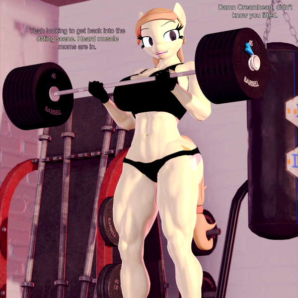 Size: 2160x2160 | Tagged: suggestive, artist:themanwithaquest, derpibooru import, oc, oc:cream heart, unofficial characters only, anthro, earth pony, plantigrade anthro, 3d, ankles, barbell, belly button, breasts, cleavage, clothes, cutie mark, dialogue, earth pony oc, female, fetish, fingerless gloves, gloves, gym, image, indoors, legs, midriff, muscle fetish, muscles, muscular female, open mouth, open smile, png, smiling, source filmmaker, sports bra, sports panties, thighs, weights, workout, workout outfit