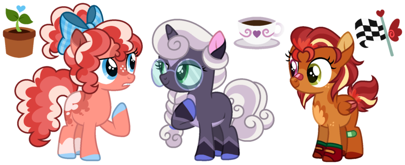 Size: 2191x893 | Tagged: safe, artist:strawberry-spritz, derpibooru import, oc, unofficial characters only, earth pony, pegasus, pony, unicorn, horn, image, magical lesbian spawn, offspring, parent:apple bloom, parent:babs seed, parent:diamond tiara, parent:scootaloo, parents:babscoot, parents:diamondbloom, parents:silverbelle, png, simple background, transparent background