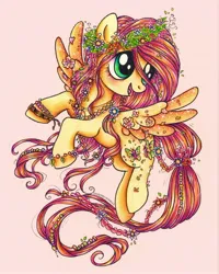 Size: 1540x1925 | Tagged: safe, artist:dariarchangel, derpibooru import, fluttershy, butterfly, insect, pegasus, pony, alternate design, alternate hairstyle, bracelet, braid, female, floral head wreath, flower, flying, friendship bracelet, g4, green eyes, image, jewelry, jpeg, mare, pink mane, redesign, shading, simple background, smiling, solo, sparkly wings, spread wings, traditional art, wings, yellow coat