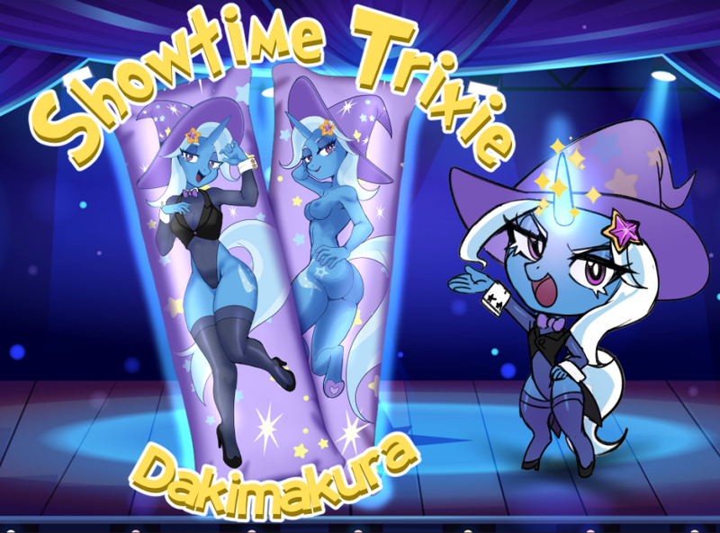 Size: 876x649 | Tagged: suggestive, artist:umbra foundry, derpibooru import, trixie, anthro, advertisement, body pillow, clothes, dakimakura cover, hat, image, link in description, png, trixie's hat