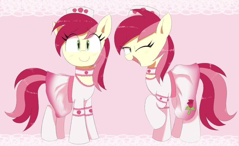 Size: 3092x1895 | Tagged: safe, derpibooru import, roseluck, earth pony, pony, blushing, choker, clothes, cute, cutie mark, cutie mark on clothes, daaaaaaaaaaaw, image, lace, looking at you, maid, one eye closed, pink background, png, rosabetes, simple background, smiling, smiling at you, socks, solo, wink