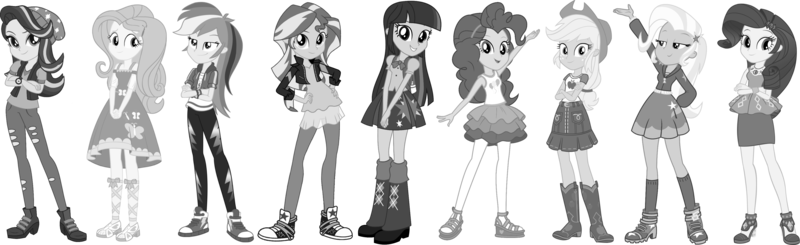 Size: 3935x1206 | Tagged: safe, artist:tylerajohnson352, derpibooru import, applejack, fluttershy, pinkie pie, rainbow dash, rarity, starlight glimmer, sunset shimmer, trixie, twilight sparkle, human, equestria girls, black and white, female, g4, grayscale, image, monochrome, png, simple background, transparent background