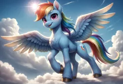 Size: 4560x3120 | Tagged: safe, ai content, derpibooru import, generator:bluefox mix, machine learning generated, prompter:adorablebluefox, stable diffusion, rainbow dash, pegasus, pony, absurd resolution, beautiful, blue sky, blushing, chest fluff, cloud, cloudy, detailed, detailed background, ear fluff, ears up, eyebrows, eyebrows visible through hair, feathered wings, female, fluffy, g4, image, leg fluff, mare, open mouth, open smile, outdoors, png, pretty, raised hoof, scenery, short mane, sky, smiling, solo, spread wings, standing, sun, tail, unshorn fetlocks, wing fluff, wings