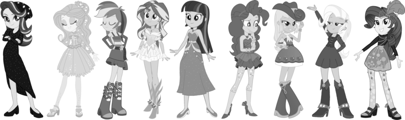 Size: 3981x1184 | Tagged: safe, artist:tylerajohnson352, derpibooru import, applejack, fluttershy, pinkie pie, rainbow dash, rarity, starlight glimmer, sunset shimmer, trixie, twilight sparkle, equestria girls, black and white, female, g4, grayscale, image, monochrome, png, simple background, transparent background