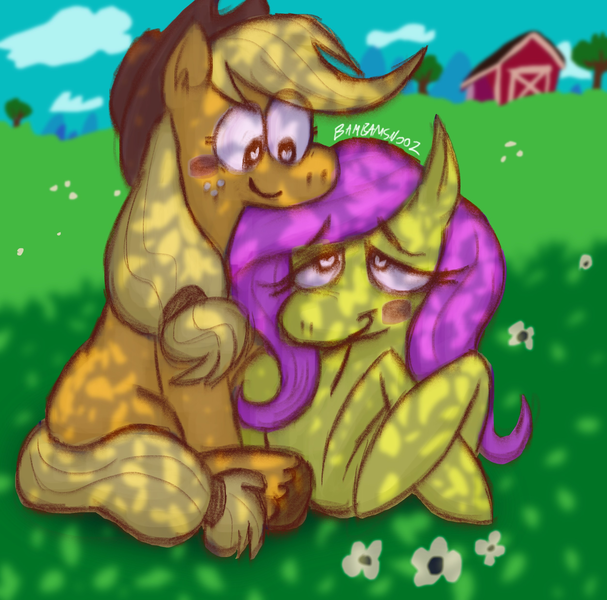 Size: 2508x2480 | Tagged: safe, artist:bambamsnooz, derpibooru import, applejack, fluttershy, earth pony, pegasus, pony, barn, blonde mane, blushing, cloud, complex background, cowboy hat, crossed hooves, digital painting, embrace, eyelashes, female, flower, freckles, g4, grass, hat, heart, heart eyes, image, lesbian, looking at each other, looking at someone, looking down, looking up, orange coat, pink mane, png, red eyes, shadow, ship:appleshy, shipping, signature, sitting, stetson, wingding eyes, yellow coat