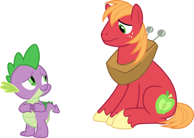 Size: 4211x3000 | Tagged: safe, artist:cloudy glow, derpibooru import, big macintosh, spike, dragon, earth pony, g4, image, male, png, simple background, sitting, transparent background