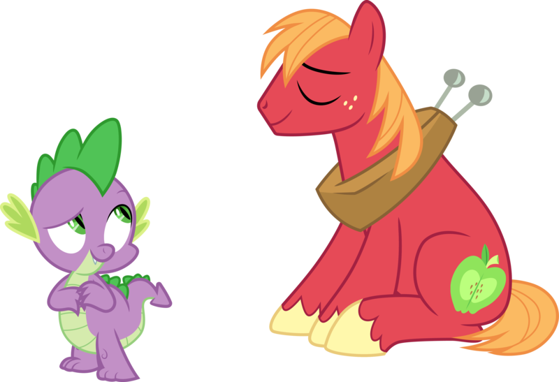 Size: 4390x3000 | Tagged: safe, artist:cloudy glow, derpibooru import, big macintosh, spike, dragon, earth pony, eyes closed, g4, image, male, png, simple background, sitting, smiling, transparent background