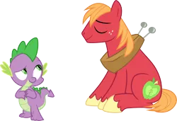 Size: 4390x3000 | Tagged: safe, artist:cloudy glow, derpibooru import, big macintosh, spike, dragon, earth pony, eyes closed, g4, image, male, png, simple background, sitting, smiling, transparent background