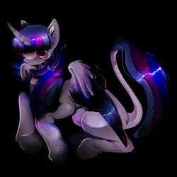 Size: 4096x4096 | Tagged: safe, artist:colorwurm, derpibooru import, twilight sparkle, twilight sparkle (alicorn), alicorn, pony, absurd resolution, alternate eye color, black background, colored eyelashes, colored pinnae, colored wings, curved horn, female, g4, horn, image, jpeg, leonine tail, mare, multicolored mane, multicolored tail, no mouth, pink eyes, purple coat, shiny coat, shiny mane, shiny tail, shiny wings, simple background, sitting, small head, solo, straight mane, straight tail, tail, two toned wings, unicorn horn, wingding eyes, wings, wings down