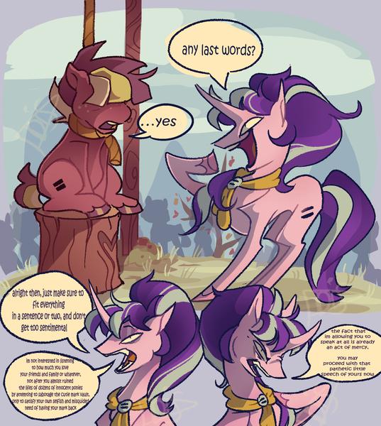 Size: 1700x1900 | Tagged: semi-grimdark, artist:disaterror, derpibooru import, starlight glimmer, oc, earth pony, pony, unicorn, 2 panel comic, ambiguous gender, background pony, bags under eyes, bandana, colored hooves, comic, concave belly, curved horn, day, detailed background, dialogue, equal cutie mark, evil grin, evil starlight, execution, eyeshadow, fangs, female, freckles, g4, grass, grin, hanging (by neck), horn, image, imminent death, jpeg, lidded eyes, log, long legs, long mane, long tail, makeup, mare, narrowed eyes, neckerchief, nose wrinkle, open mouth, open smile, outdoors, pink coat, ponytail, profile, raised hoof, red coat, s5 starlight, sharp teeth, shiny hooves, short mane, short tail, shrunken pupils, sinister smile, sitting, slender, smiling, speech bubble, tail, talking, teeth, text, thin, thin legs, tied mane, two toned mane, two toned tail, unshorn fetlocks