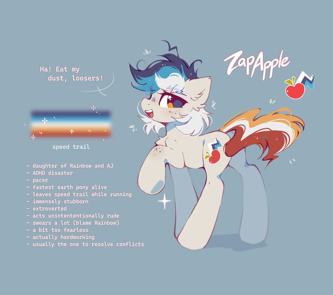 Size: 2600x2300 | Tagged: safe, artist:mirtash, derpibooru import, oc, oc:zapapple (mirtash), unofficial characters only, pony, aroace pride flag, big ears, big eyes, blue background, body freckles, chest fluff, colored eyebrows, ear fluff, emanata, eye clipping through hair, eyebrows, eyebrows visible through hair, female, freckles, g4, high res, image, jpeg, leg freckles, long legs, looking at you, magical lesbian spawn, mare, messy mane, messy tail, multicolored mane, multicolored tail, next generation, offspring, open mouth, open smile, parent:applejack, parent:rainbow dash, parents:appledash, raised hoof, shadow, short mane, simple background, smiling, smiling at you, solo, sparkles, standing, tail, text, white coat, white text, wingding eyes, yellow eyes