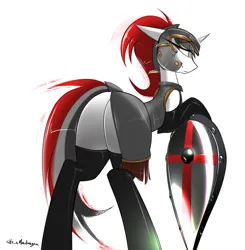 Size: 1538x1570 | Tagged: suggestive, artist:madragon, derpibooru import, oc, oc:red rocket, unofficial characters only, pony, unicorn, bipedal, butt, butt focus, clothes, derpibooru exclusive, fantasy class, helmet, hooves together, horn, image, knight, latex, latex stockings, lidded eyes, looking at you, png, rear view, shield, simple background, socks, solo, stockings, thigh highs, warrior, white background